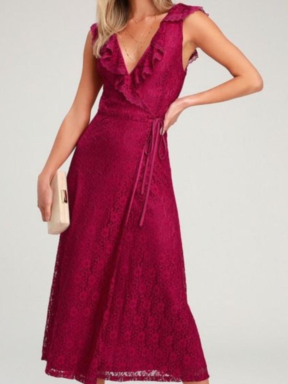 Lulus Effortless Elegance Lace Midi Wrap Dress L
